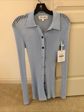 Ronny Kobo Collection Pale Blue Ribbed Button-Front Polo Cardigan XS NWT